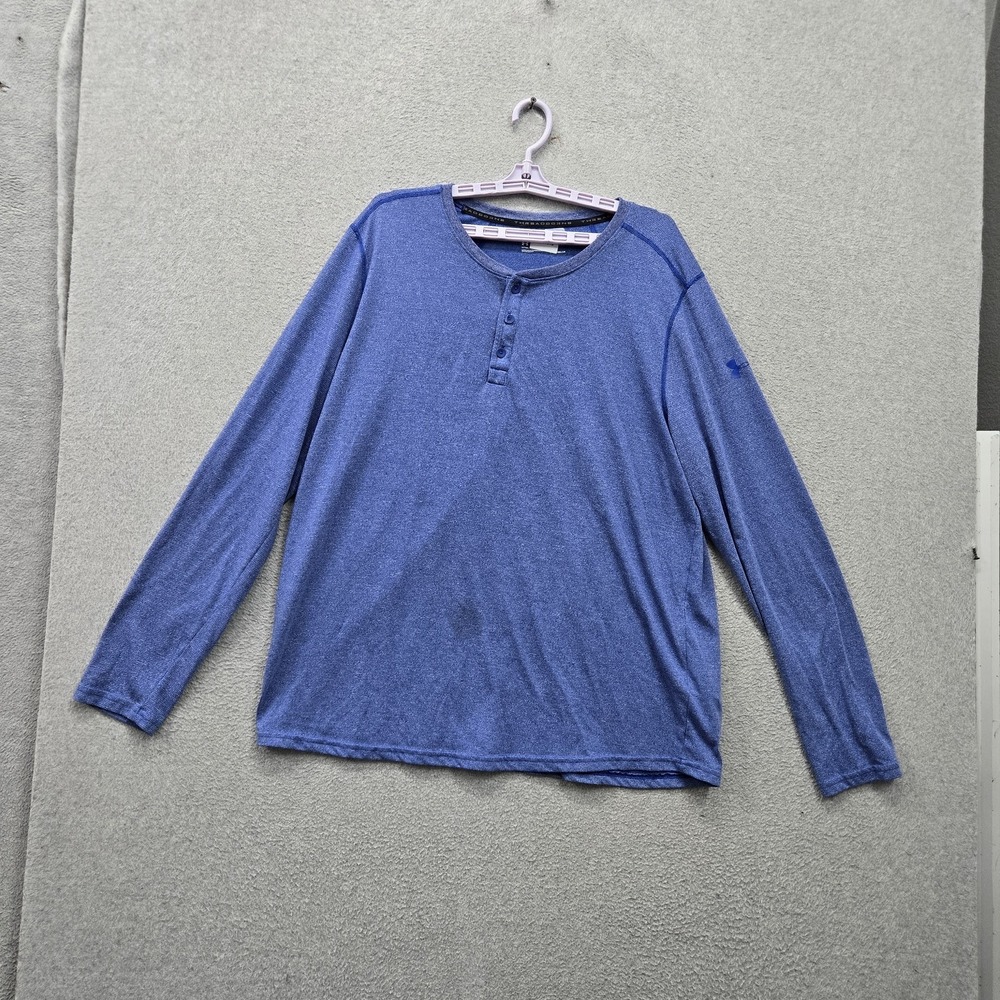 Under‎ Armour Men Shirt 2XL Blue Embroidered Heatgear Henley Activewear Button